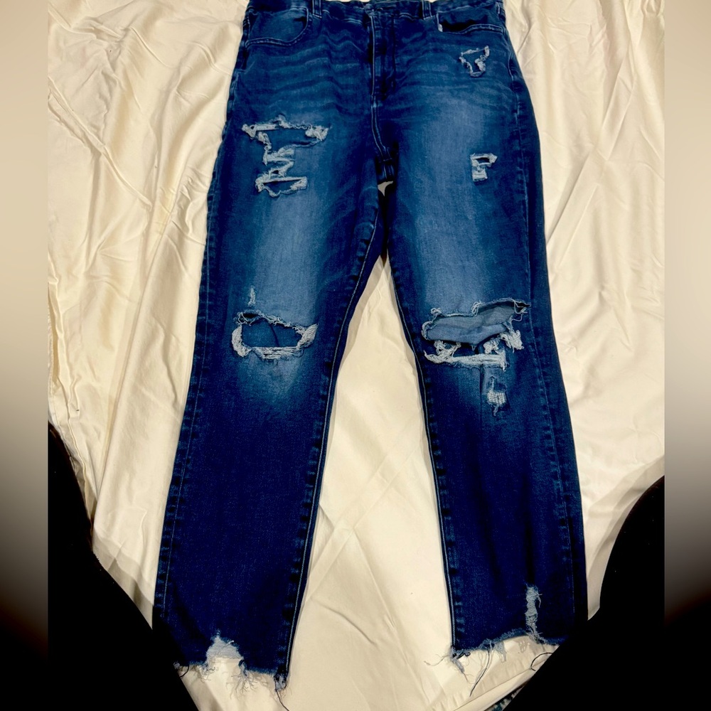 Dark blue, distressed, ankles, and leg fronts only worn six times